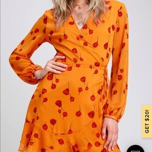 Lulus orange floral long sleeve wrap dress